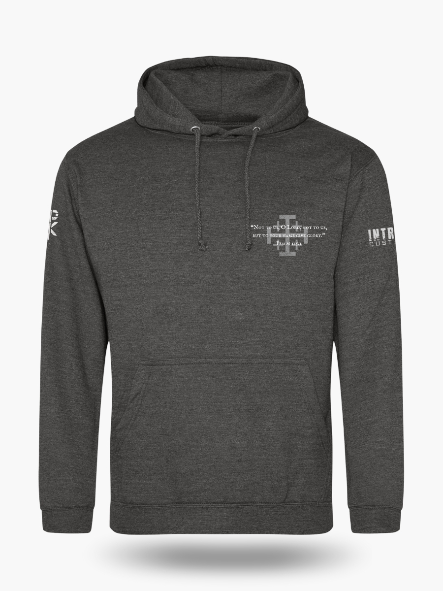 Jerusalem Cross behind the text &acirc;Not to us, O Lord, not to us, but to your name give glory&acirc; with Psalm 115:1 on a charcoal grey hoodie.