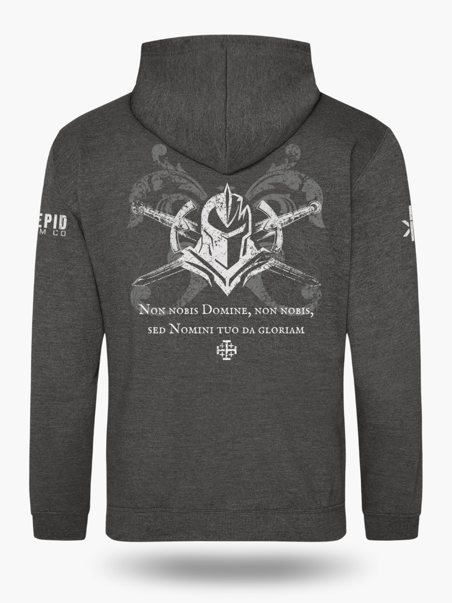 Knights Templar warrior with crossed swords and ornate scrollwork behind the Latin text &acirc;Non nobis Domine, non nobis sed Nomini tuo da gloriam' on a charcoal grey hoodie