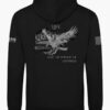 Patriotic graphic featuring the text &acirc;Life, Liberty & the Pursuit of Happiness&acirc; over a distressed American flag with an eagle silhouette on a black hoodie.