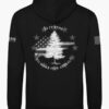 Black hoodie with Appeal to Heaven flag design featuring a bold White Pine Tree over a distressed American flag background. Historic patriotic graphic with strong revolutionary symbolism.