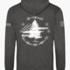 Dark heather grey hoodie with Appeal to Heaven flag design featuring a bold White Pine Tree over a distressed American flag background. Historic patriotic graphic with strong revolutionary symbolism.
