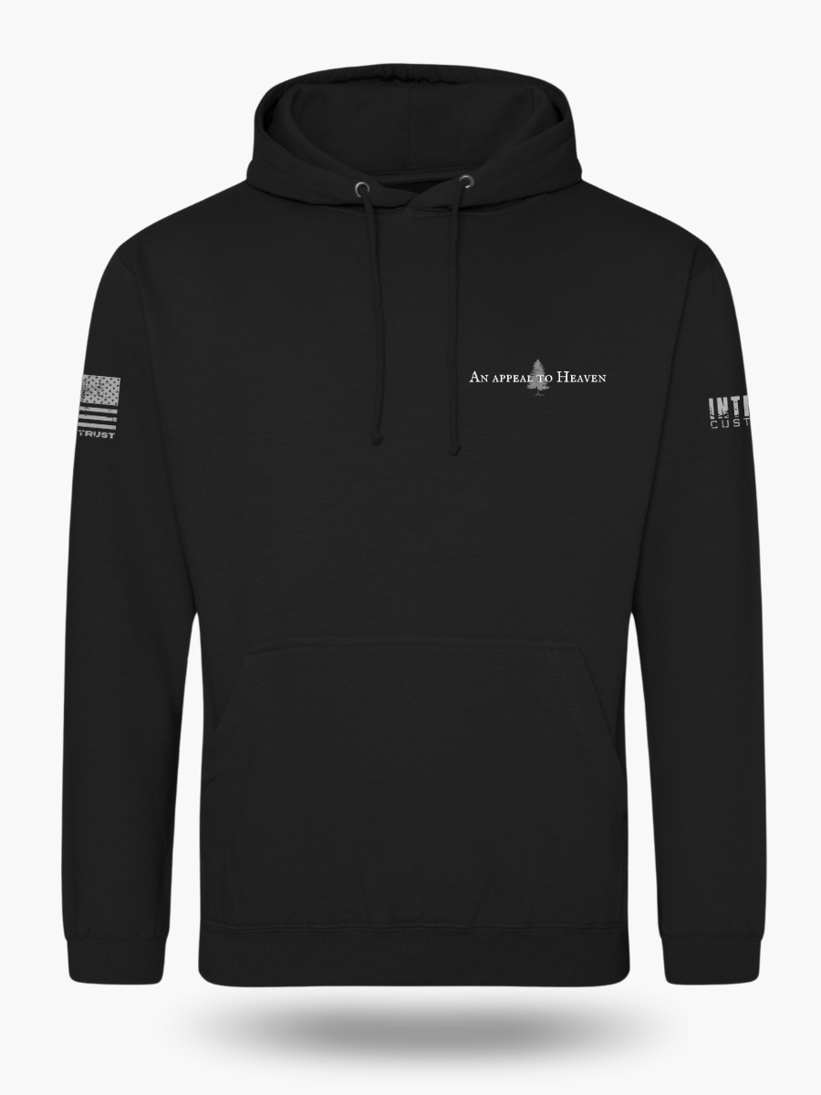 Black hoodie with Appeal to Heaven flag design featuring a bold White Pine Tree over a distressed American flag background. Historic patriotic graphic with strong revolutionary symbolism.