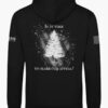 Black hoodie with Appeal to Heaven flag design featuring a bold White Pine Tree over a distressed American flag background. Historic patriotic graphic with strong revolutionary symbolism.