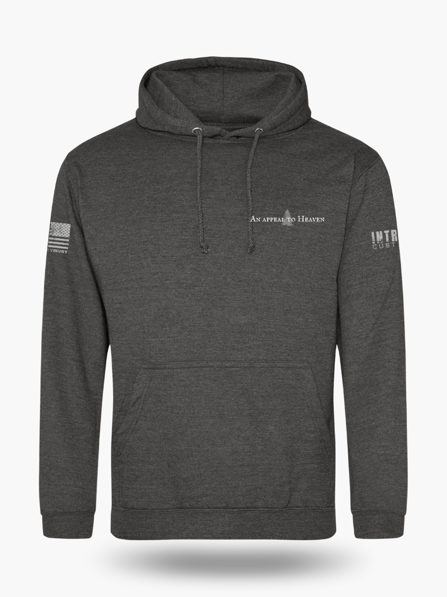 Dark heather grey hoodie with Appeal to Heaven flag design featuring a bold White Pine Tree over a distressed American flag background. Historic patriotic graphic with strong revolutionary symbolism.