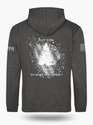 Dark heather grey hoodie with Appeal to Heaven flag design featuring a bold White Pine Tree over a distressed American flag background. Historic patriotic graphic with strong revolutionary symbolism.