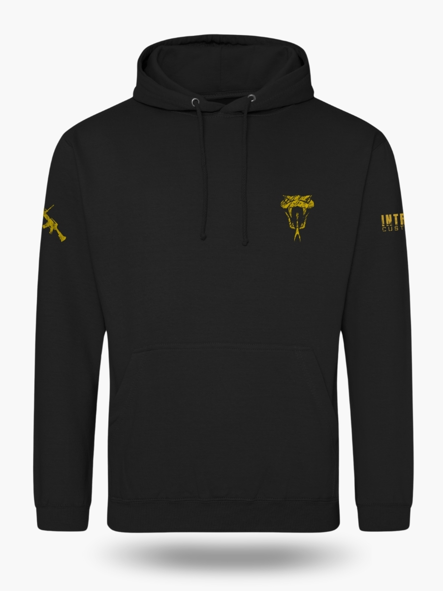 Black "Don&acirc;t Tread on Me" hoodie featuring a fierce rattlesnake head graphic inspired by the historic Gadsden flag.