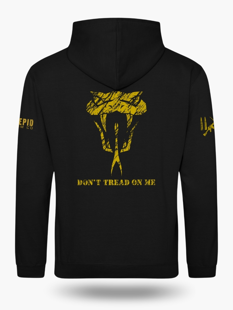 Black "Don&acirc;t Tread on Me" hoodie featuring a fierce rattlesnake head graphic inspired by the historic Gadsden flag.