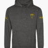 Dark heather grey "Don&acirc;t Tread on Me" hoodie featuring a fierce rattlesnake head graphic inspired by the historic Gadsden flag.