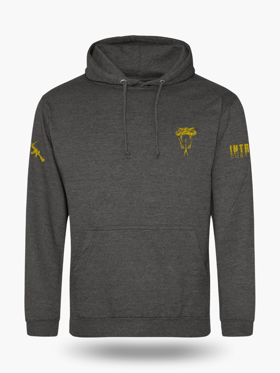Dark heather grey "Don&acirc;t Tread on Me" hoodie featuring a fierce rattlesnake head graphic inspired by the historic Gadsden flag.