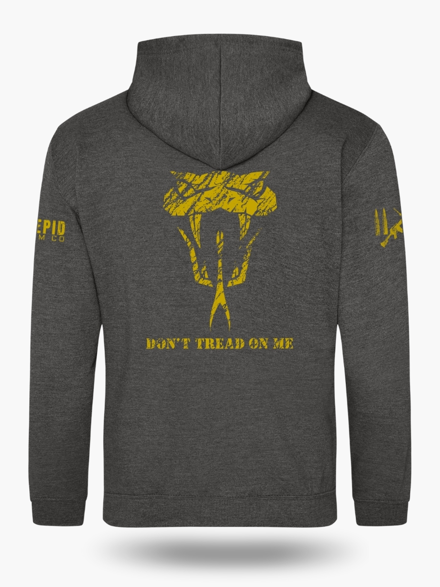 Dark heather grey "Don&acirc;t Tread on Me" hoodie featuring a fierce rattlesnake head graphic inspired by the historic Gadsden flag.