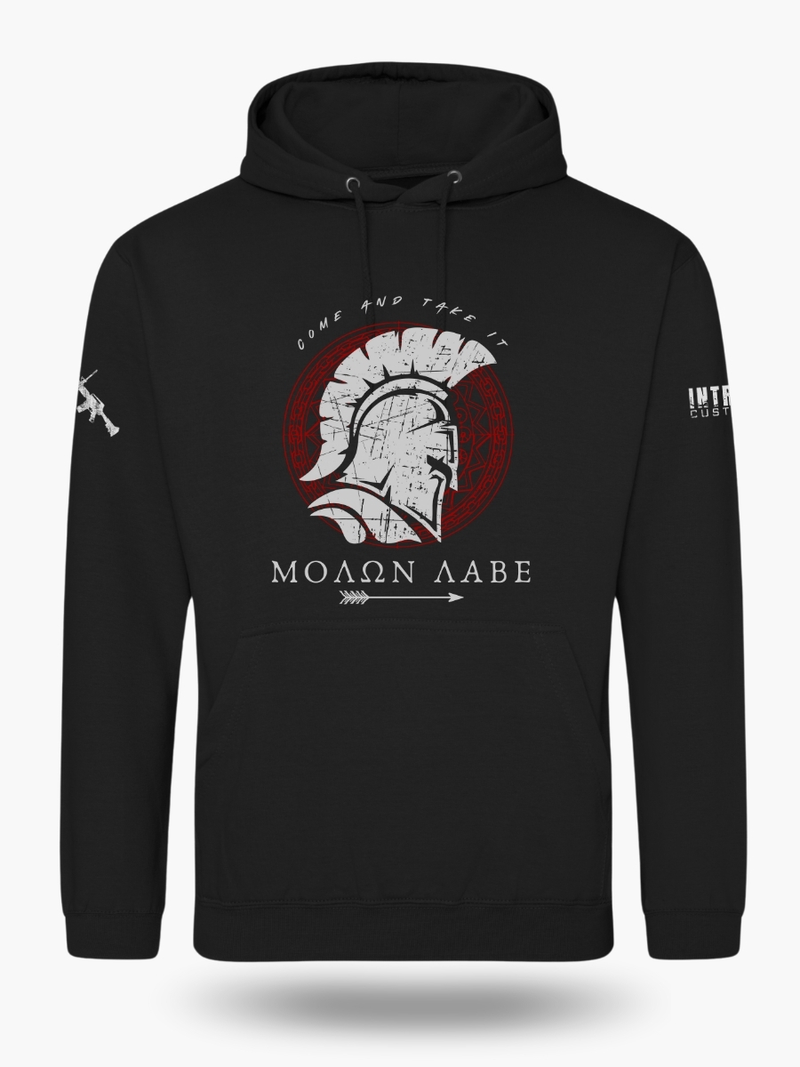 Black hoodie inspired by ancient Greek warriors with bold Molon Labe rebellion message.