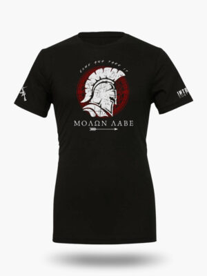 Black t-shirt inspired by ancient Greek warriors with bold Molon Labe rebellion message.
