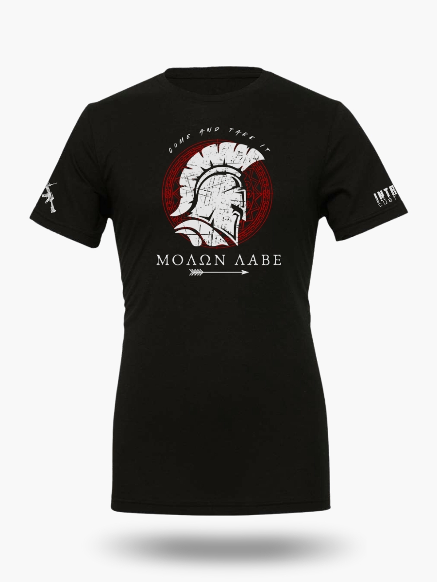 Black t-shirt inspired by ancient Greek warriors with bold Molon Labe rebellion message.
