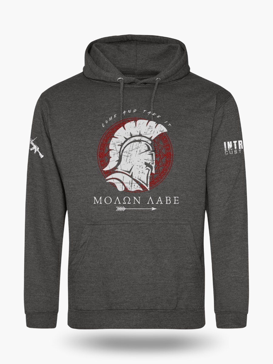 Charcoal grey hoodie inspired by ancient Greek warriors with bold Molon Labe rebellion message.