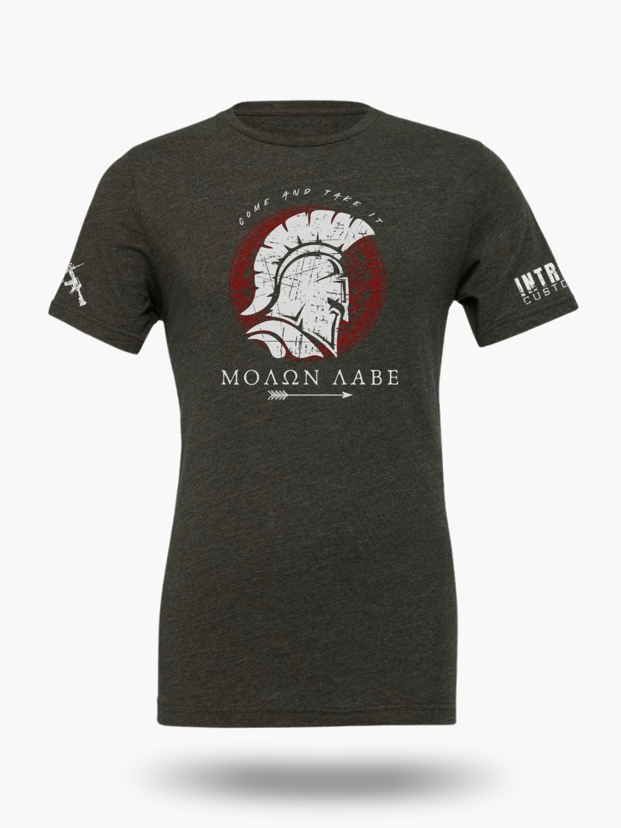 Dark heather grey t-shirt inspired by ancient Greek warriors with bold Molon Labe rebellion message.
