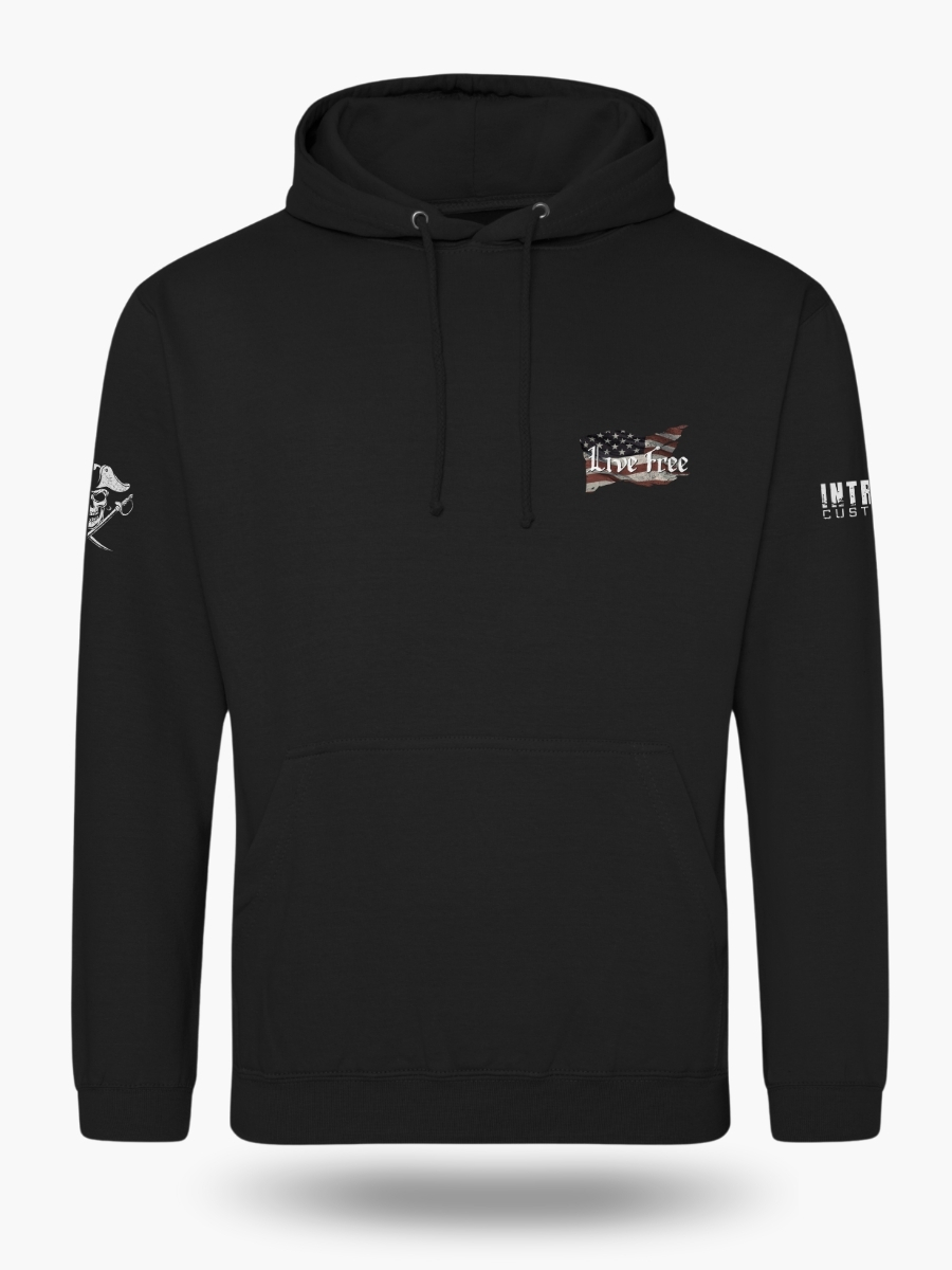 Black patriotic hoodie inspired by Revolutionary privateers, featuring pirate skull, swords, and anti-tyranny text over a worn U.S. flag.