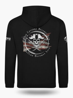 Black patriotic hoodie inspired by Revolutionary privateers, featuring pirate skull, swords, and anti-tyranny text over a worn U.S. flag.
