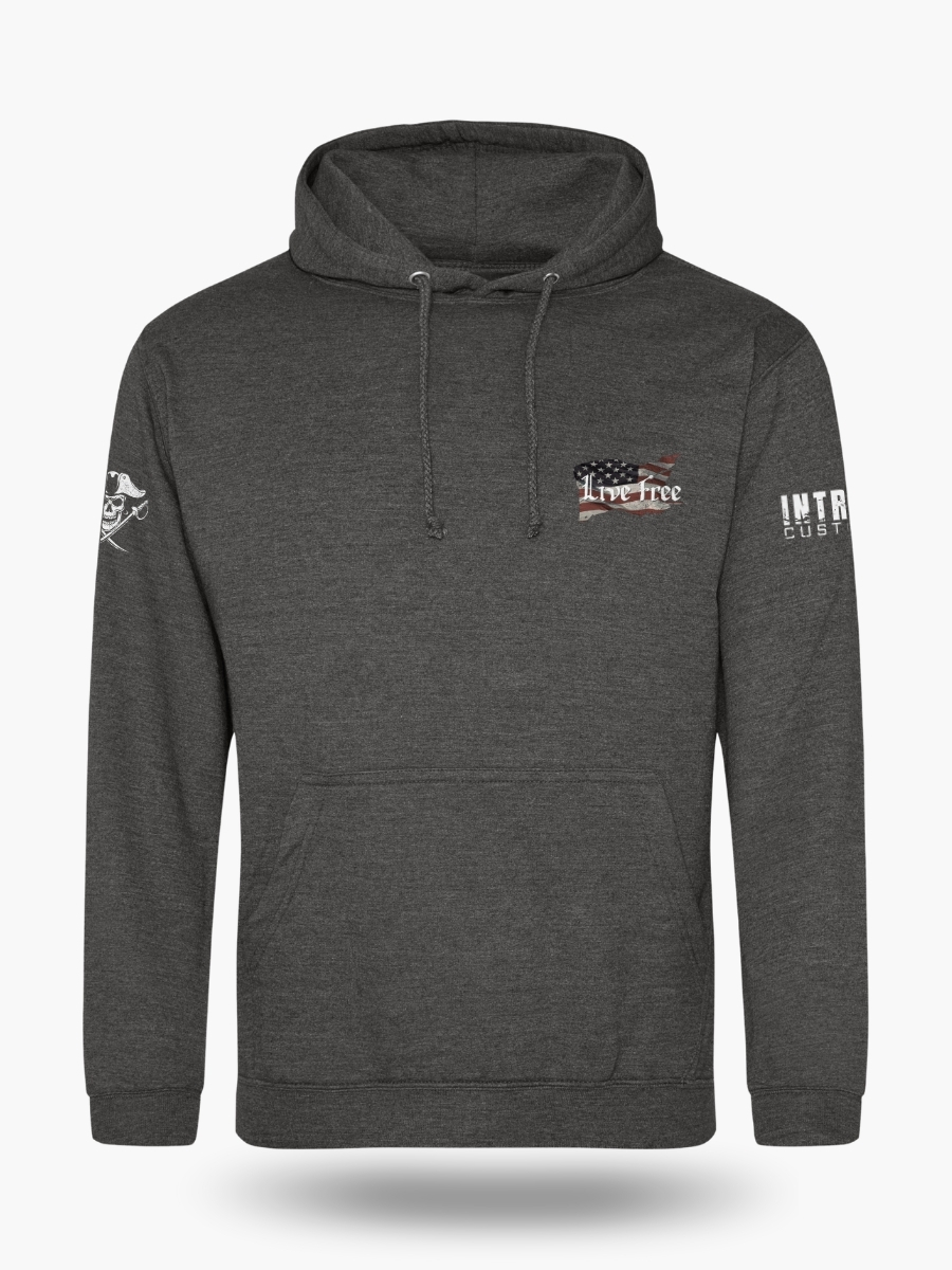 Charcoal grey, patriotic hoodie inspired by Revolutionary privateers, featuring pirate skull, swords, and anti-tyranny text over a worn U.S. flag.