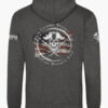Charcoal grey, patriotic hoodie inspired by Revolutionary privateers, featuring pirate skull, swords, and anti-tyranny text over a worn U.S. flag.