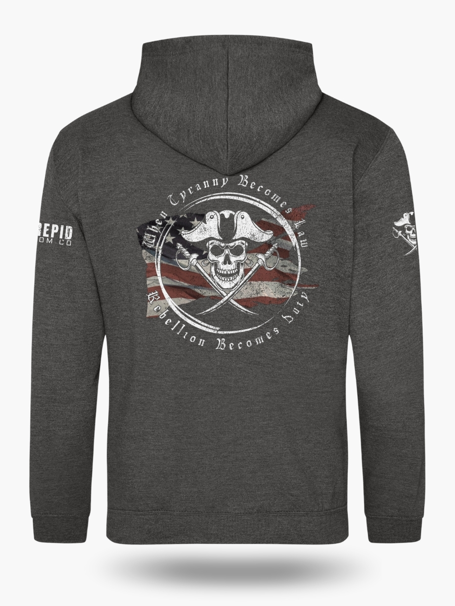 Charcoal grey, patriotic hoodie inspired by Revolutionary privateers, featuring pirate skull, swords, and anti-tyranny text over a worn U.S. flag.