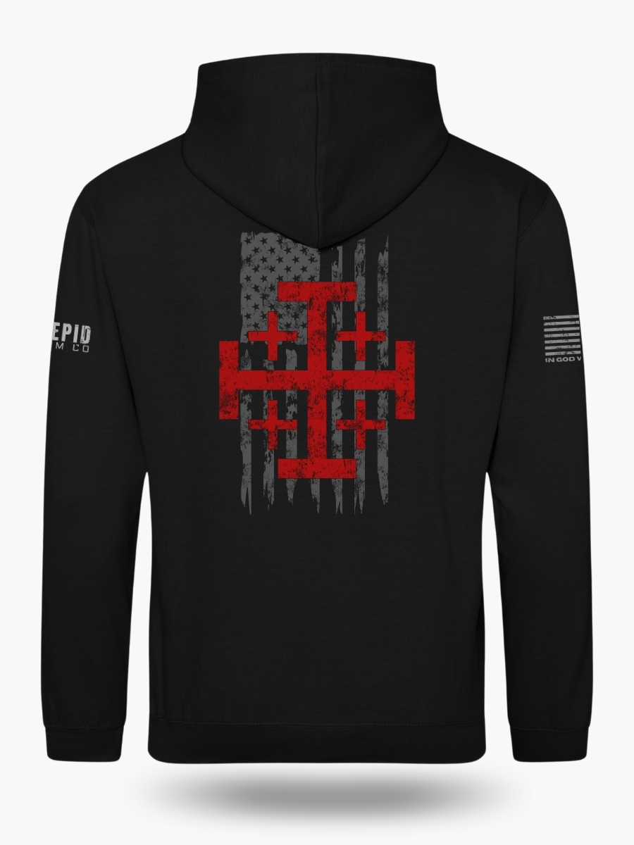 Black hoodie featuring a Jerusalem Cross over an American flag on the front. Warm, durable Christian patriotic hoodie for year-round wear.