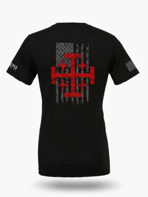 Black t-shirt featuring a Jerusalem Cross layered over a stylized American flag. Christian patriotic front design symbolizing faith and freedom.