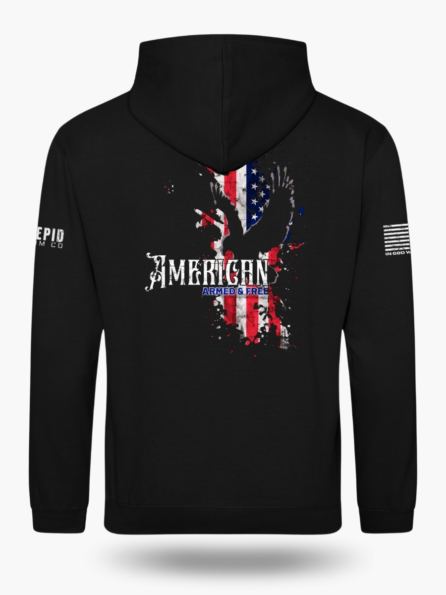 Patriotic black hoodie with an American flag background and a knockout eagle silhouette with the text American - Armed and Free.