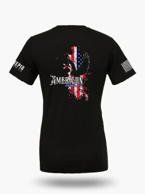 Patriotic black t-shirt with an American flag background and a knockout eagle silhouette with the text American - Armed and Free.
