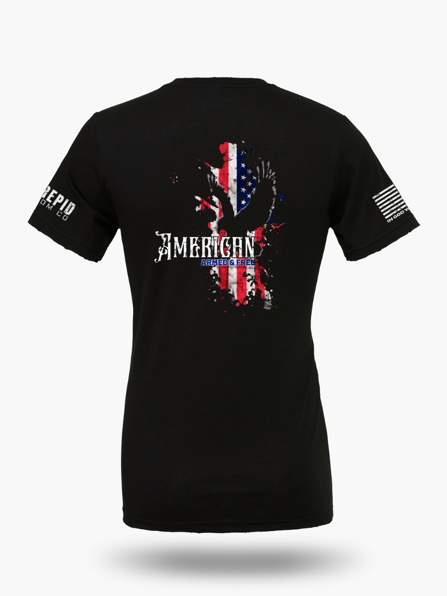 Patriotic black t-shirt with an American flag background and a knockout eagle silhouette with the text American - Armed and Free.