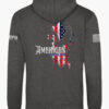 Patriotic charcoal grey hoodie with an American flag background and a knockout eagle silhouette with the text American - Armed and Free.