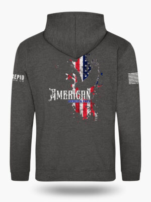 Patriotic charcoal grey hoodie with an American flag background and a knockout eagle silhouette with the text American - Armed and Free.