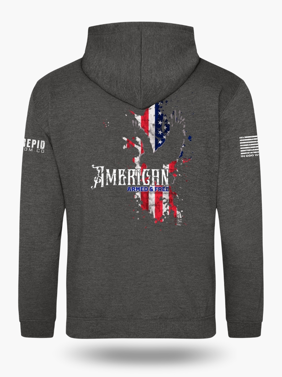 Patriotic charcoal grey hoodie with an American flag background and a knockout eagle silhouette with the text American - Armed and Free.