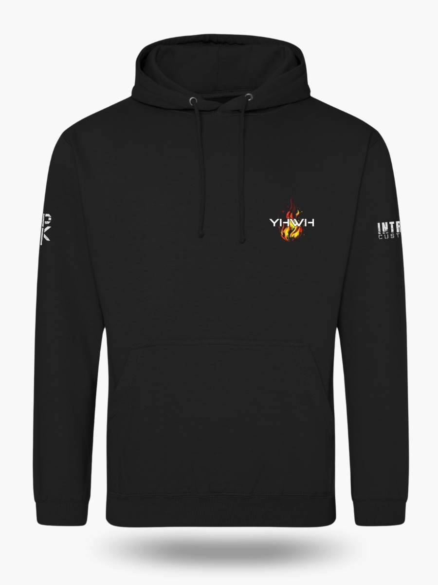 Black Christian hoodie with a flaming lion design surrounded by the Names of God and a front YHWH flame pocket graphic.