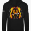 Black Christian hoodie with a flaming lion design surrounded by the Names of God and a front YHWH flame pocket graphic.