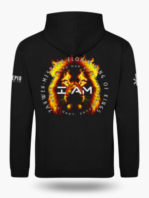 Black Christian hoodie with a flaming lion design surrounded by the Names of God and a front YHWH flame pocket graphic.