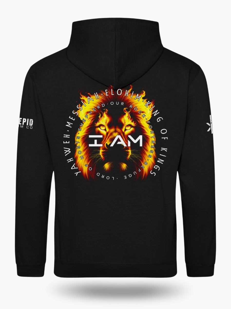 Black Christian hoodie with a flaming lion design surrounded by the Names of God and a front YHWH flame pocket graphic.