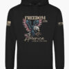 Front of black hoodie displaying a bold American flag bald eagle graphic with the wording &acirc;Freedom 1776&acirc; and &acirc;America &acirc; Land of the Free.&acirc; Premium patriotic hoodie.