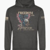 Front of charcoal grey hoodie displaying a bold American flag bald eagle graphic with the wording &acirc;Freedom 1776&acirc; and &acirc;America &acirc; Land of the Free.&acirc; Premium patriotic hoodie.