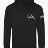Black hoodie pocket design featuring a fierce our 2A symbol - two rifle bullets beside two crossed rifles. Warm, rugged hunting hoodie for outdoor enthusiasts.