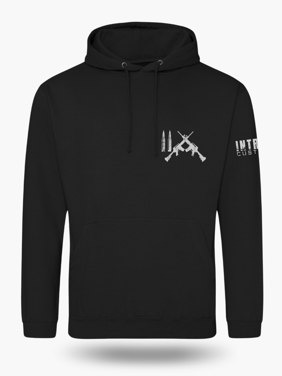 Black hoodie pocket design featuring a fierce our 2A symbol - two rifle bullets beside two crossed rifles. Warm, rugged hunting hoodie for outdoor enthusiasts.