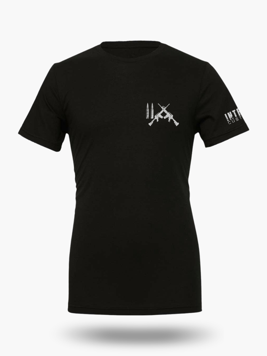 Black t-shirt with pocket design featuring a fierce our 2A symbol - two rifle bullets beside two crossed rifles. Warm, rugged hunting hoodie for outdoor enthusiasts.