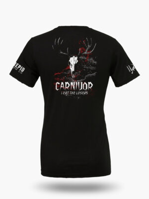Black t-shirt with a bold deer skull graphic and the words “Carnivore – I Eat the Losers.” Rugged hunting apparel designed for outdoorsmen and hunters.