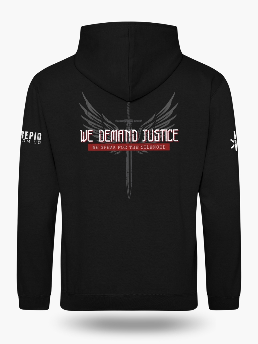 Black hoodie featuring a sword-and-wings graphic with the text &acirc;We Demand Justice &acirc; We Speak for the Silenced.&acirc; Warm, durable Christian justice apparel.
