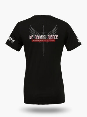 Black t-shirt displaying a sword with wings and the phrases “We Demand Justice” and “We Speak for the Silenced.” Bold Christian design inspired by biblical justice.