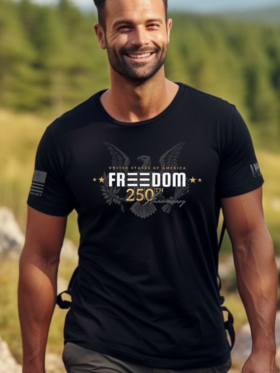 Man wearing a 250th Anniversary Freedom T-Shirt &acirc; 1776 Declaration Eagle Design | Color Black