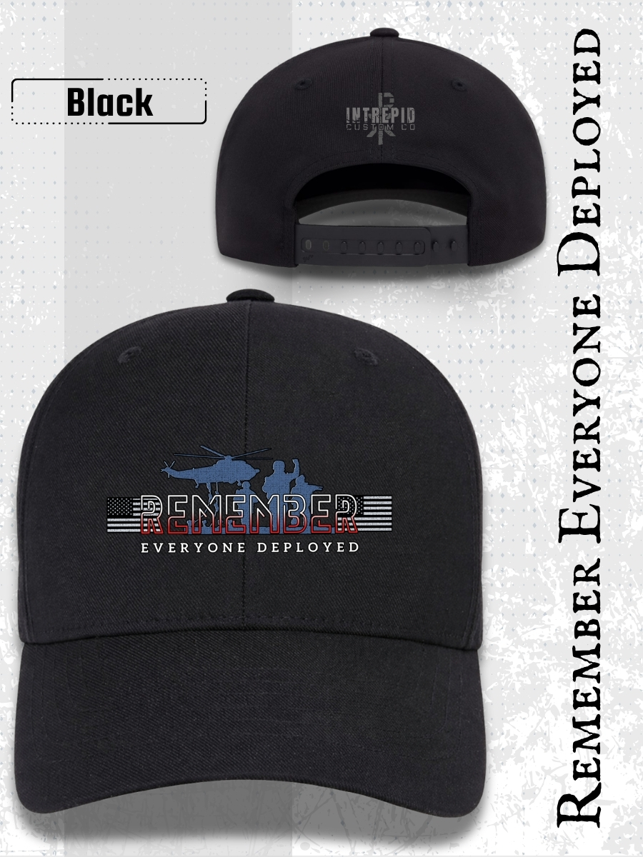 Remember Everyone Deployed RED Hat &acirc; Military Support Trucker Hat with Helicopter & Soldier Silhouette