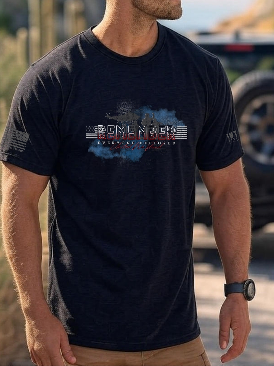 Remember Everyone Deployed RED T-Shirt &acirc; Military Support with Helicopter & Soldier Silhouette