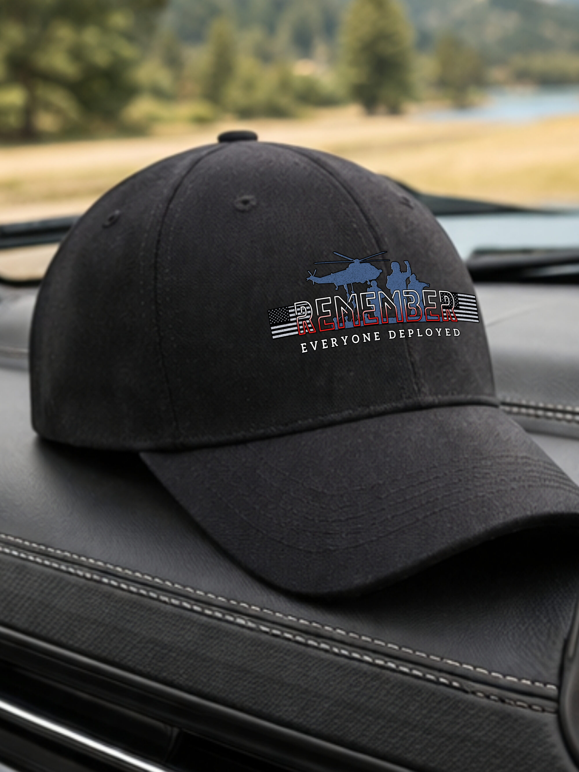 Remember Everyone Deployed RED Hat &acirc; Military Support Trucker Hat with Helicopter & Soldier Silhouette