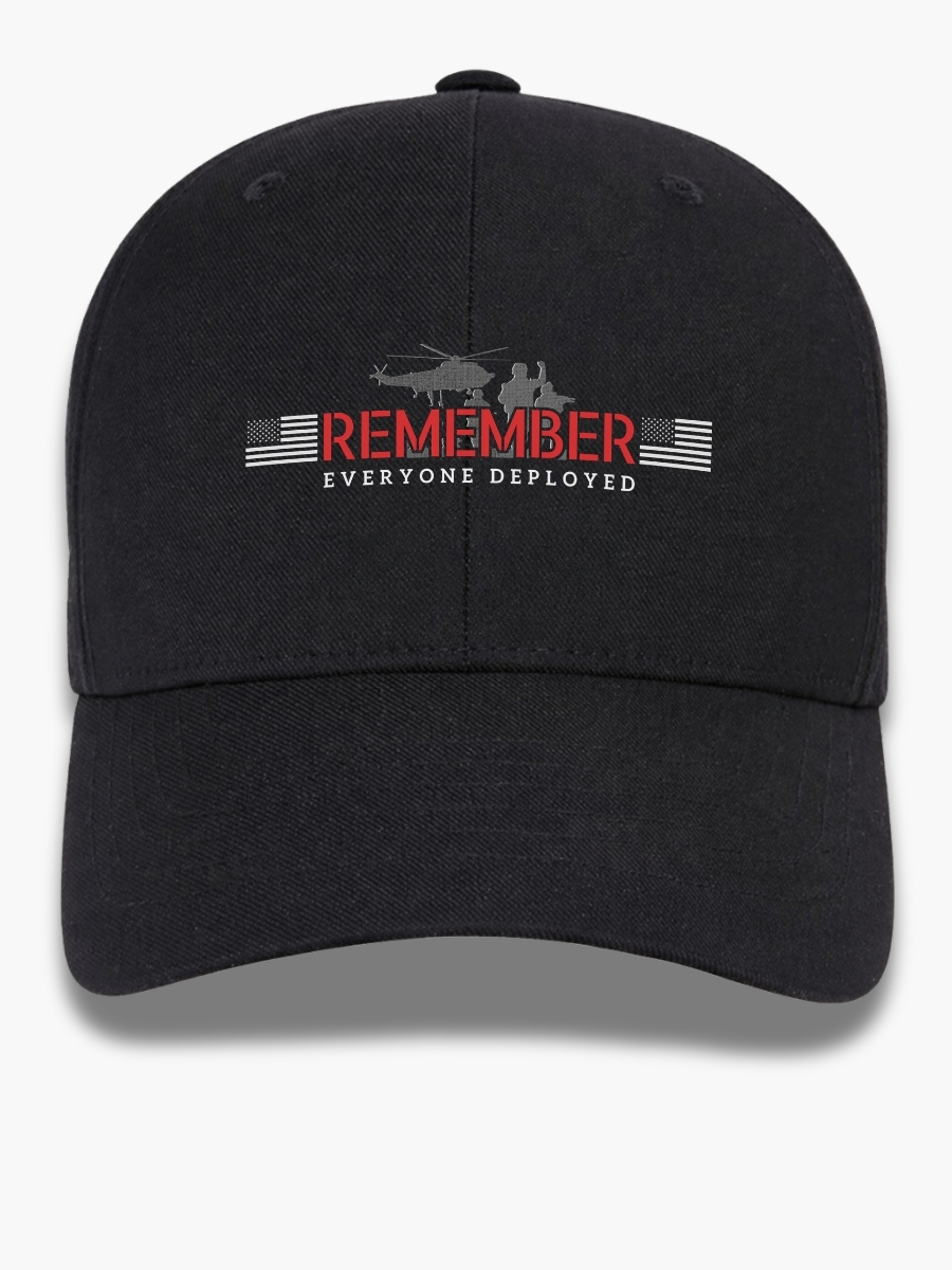 Remember Everyone Deployed RED Hat &acirc; Military Support Baseball Cap with Helicopter & Soldier Silhouette. Front View