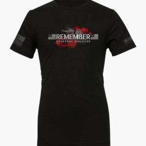 Remember Everyone Deployed RED T-Shirt – Military Support with Helicopter & Soldier Silhouette. Front view.
